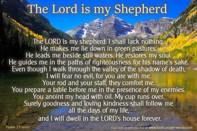 The words to Psalm 23 with a beautiful lake and mountain in the background